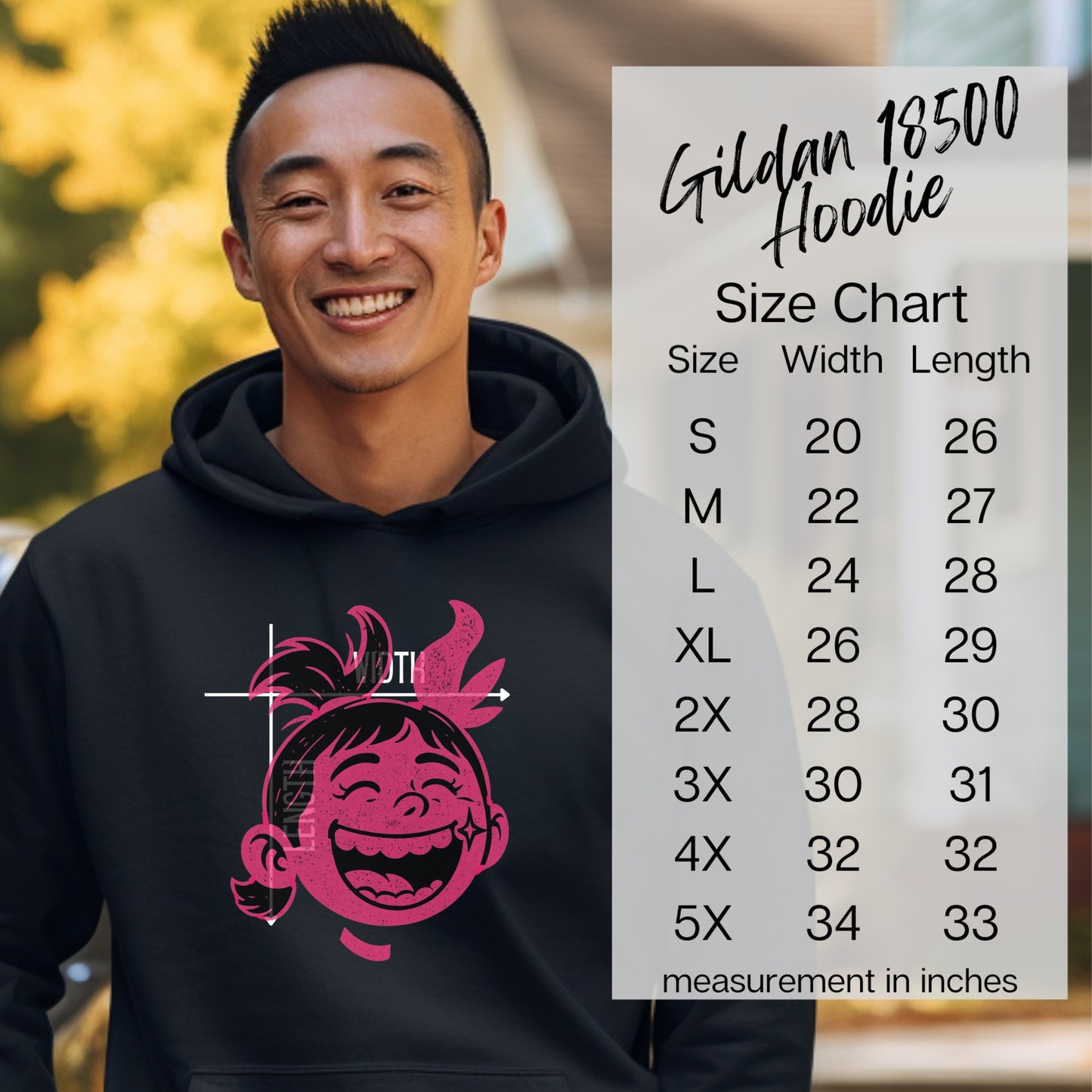 Gildan 18500 Hoodie with Size Chart Printed Design