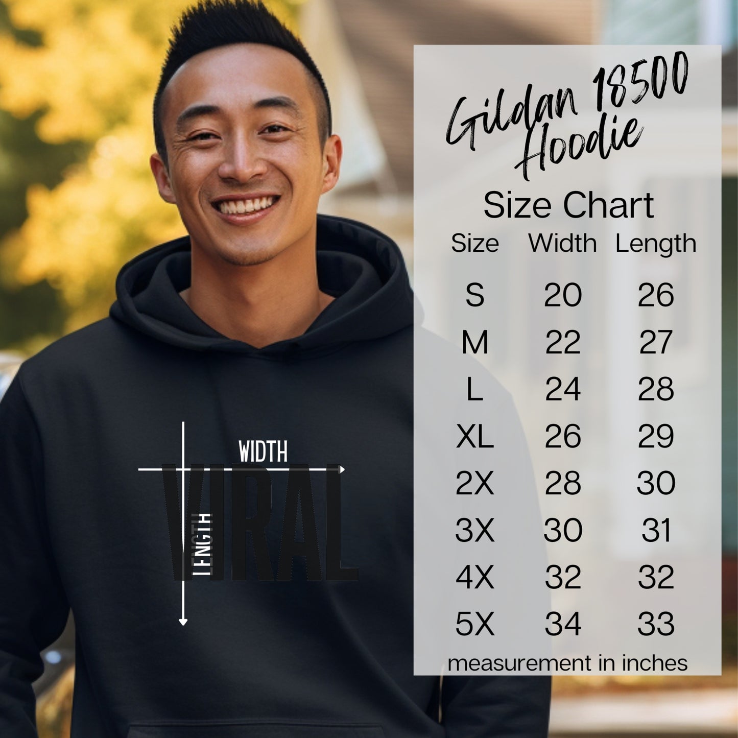 Gildan 18500 Hoodie Viral Design with Size Chart