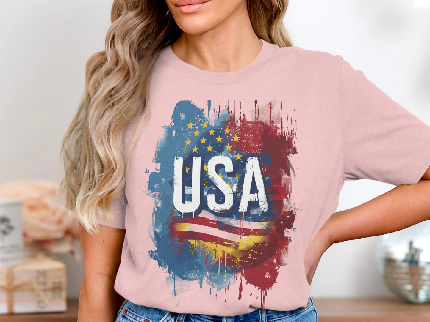 Stylish USA Flag Graphic Print Pink Shirt product
