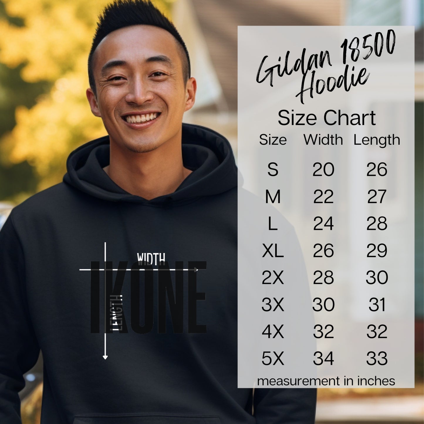 Gildan 18500 Hoodie with Measurements Chart