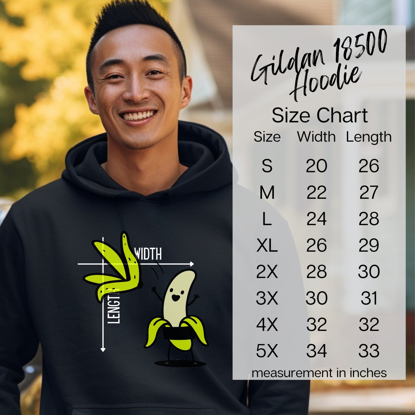 Funny Bananas Design Hoodie Gildan 18500 Size Chart
