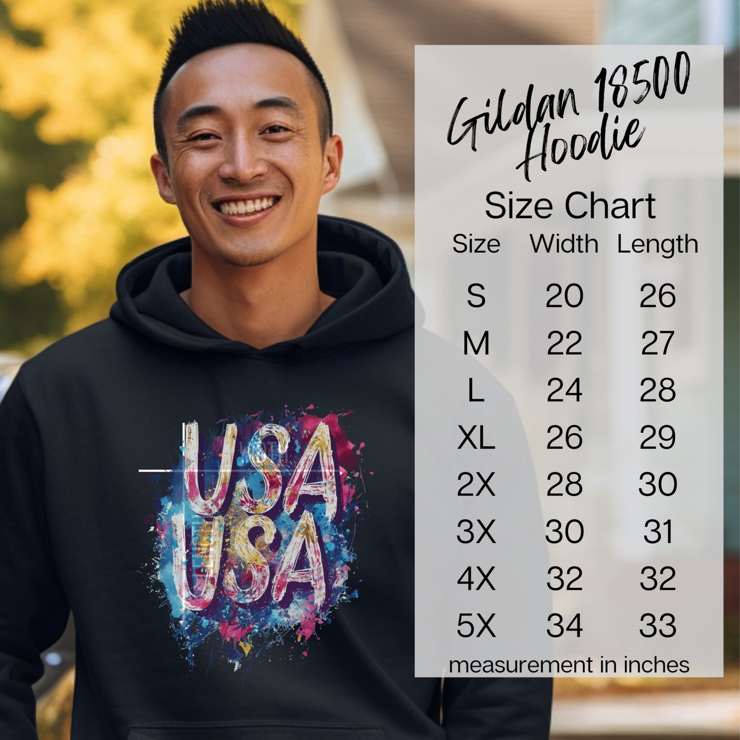 Stylish Vibrant USA Hoodie with Size Chart Display product type