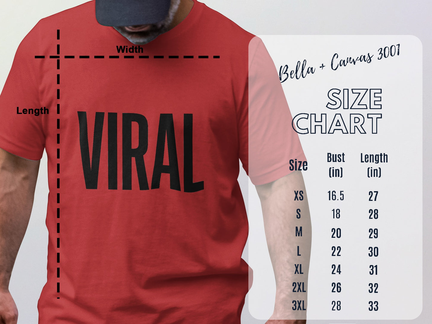 Viral Design T-shirt with Size Chart Display