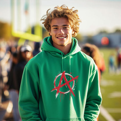 Bold Red Anarchy Symbol on Green Hoodie
