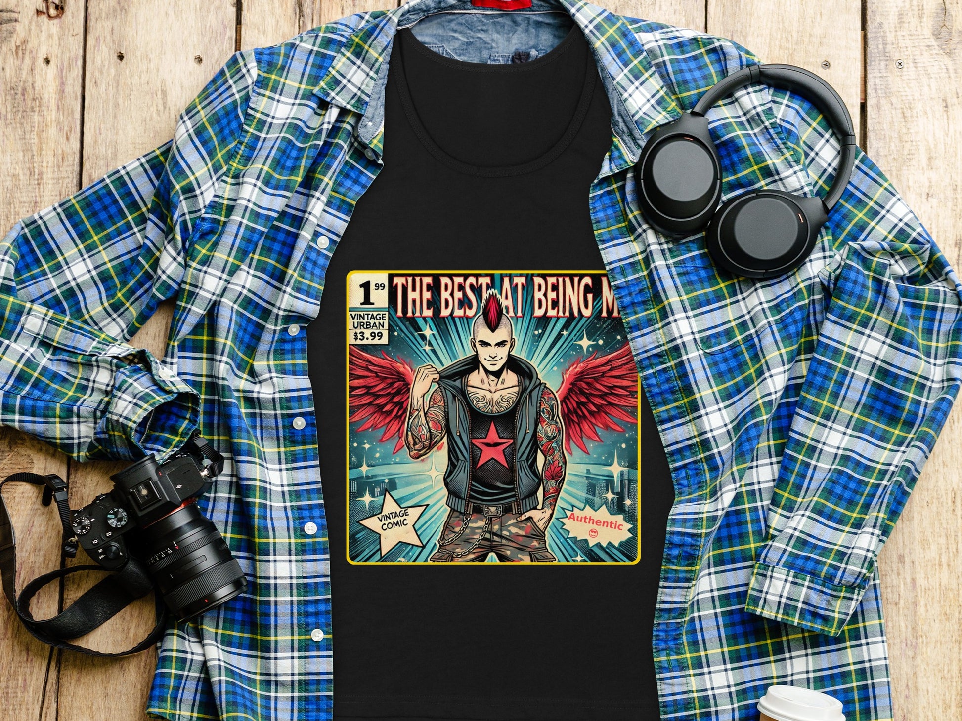 Vintage Comic Style Winged Man Graphic T-Shirt product type