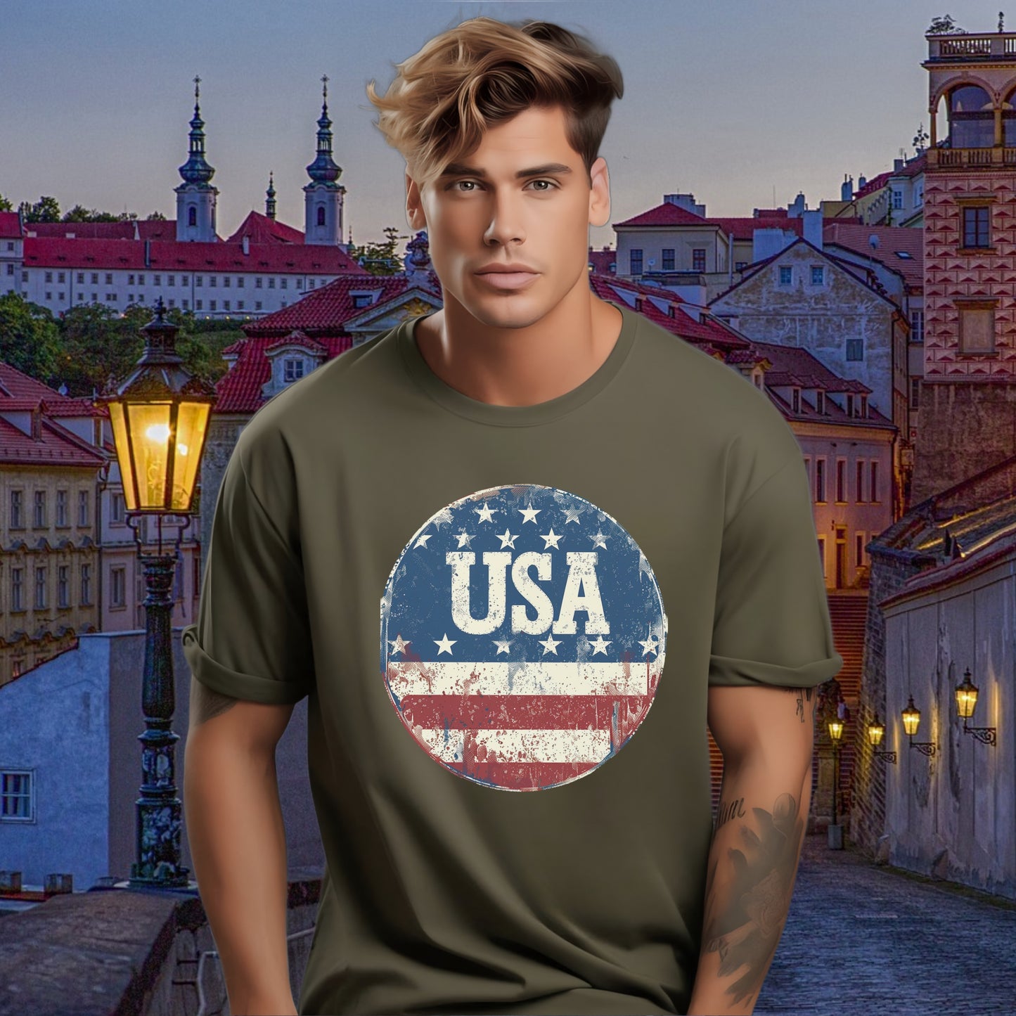 Vintage USA Flag Circle Graphic T-Shirt product type
