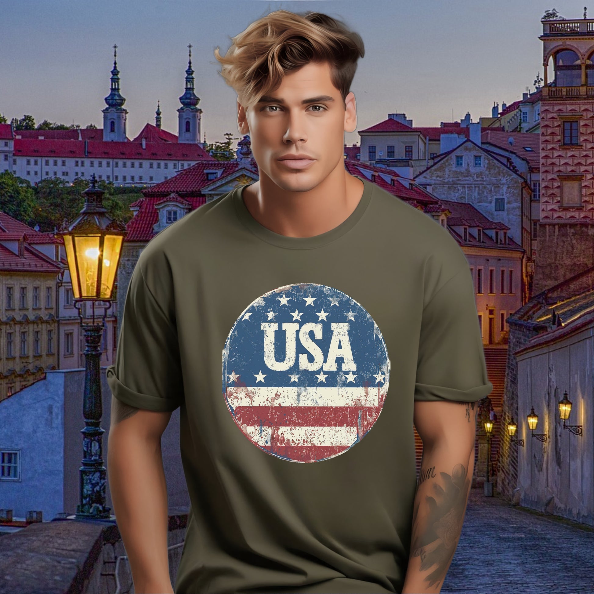 Vintage USA Flag Circle Graphic T-Shirt product type