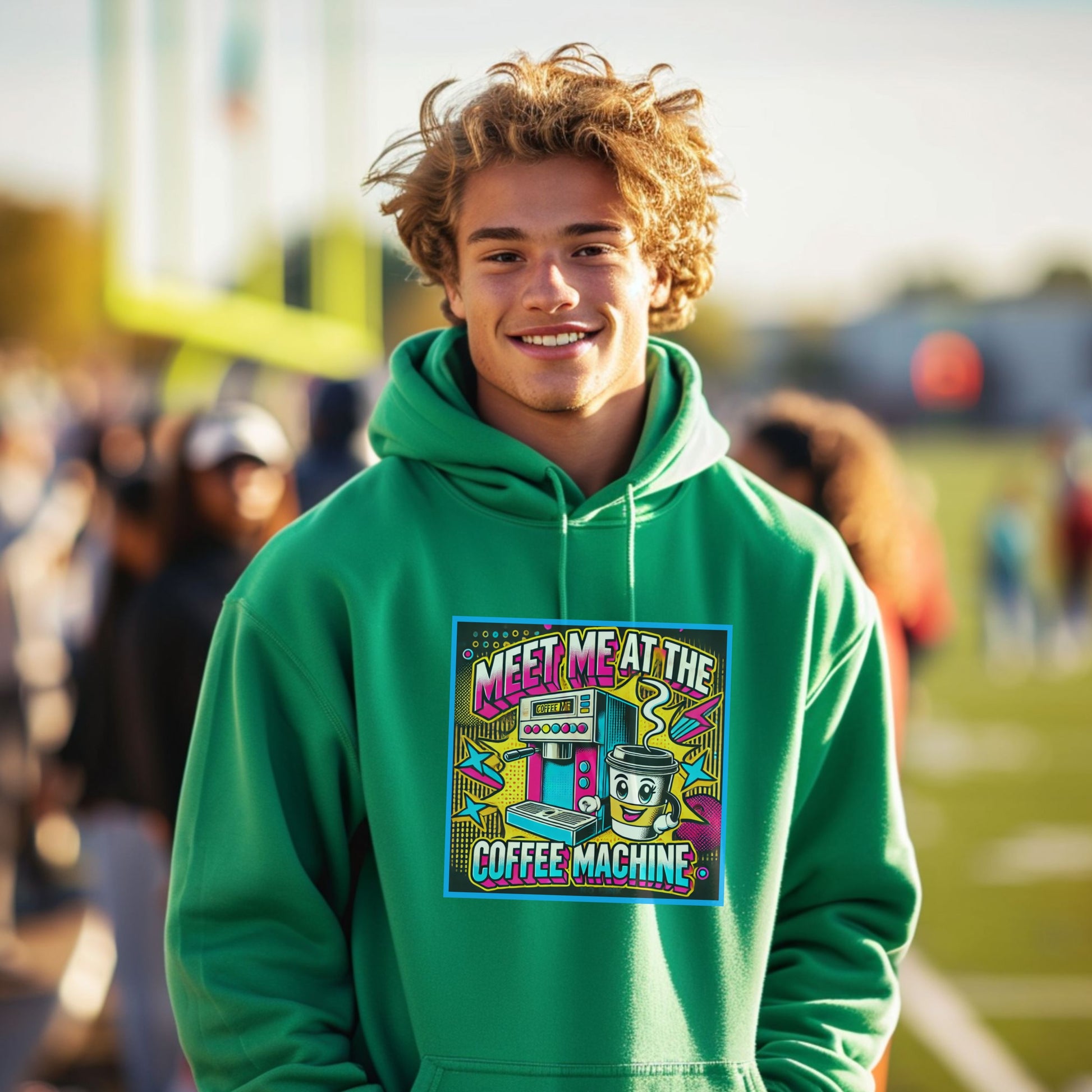 Vibrant hoodie with retro coffee machine graphic product