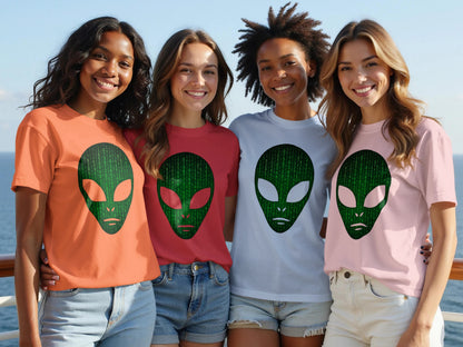 Alien Face T-Shirt with Matrix Code Background Design