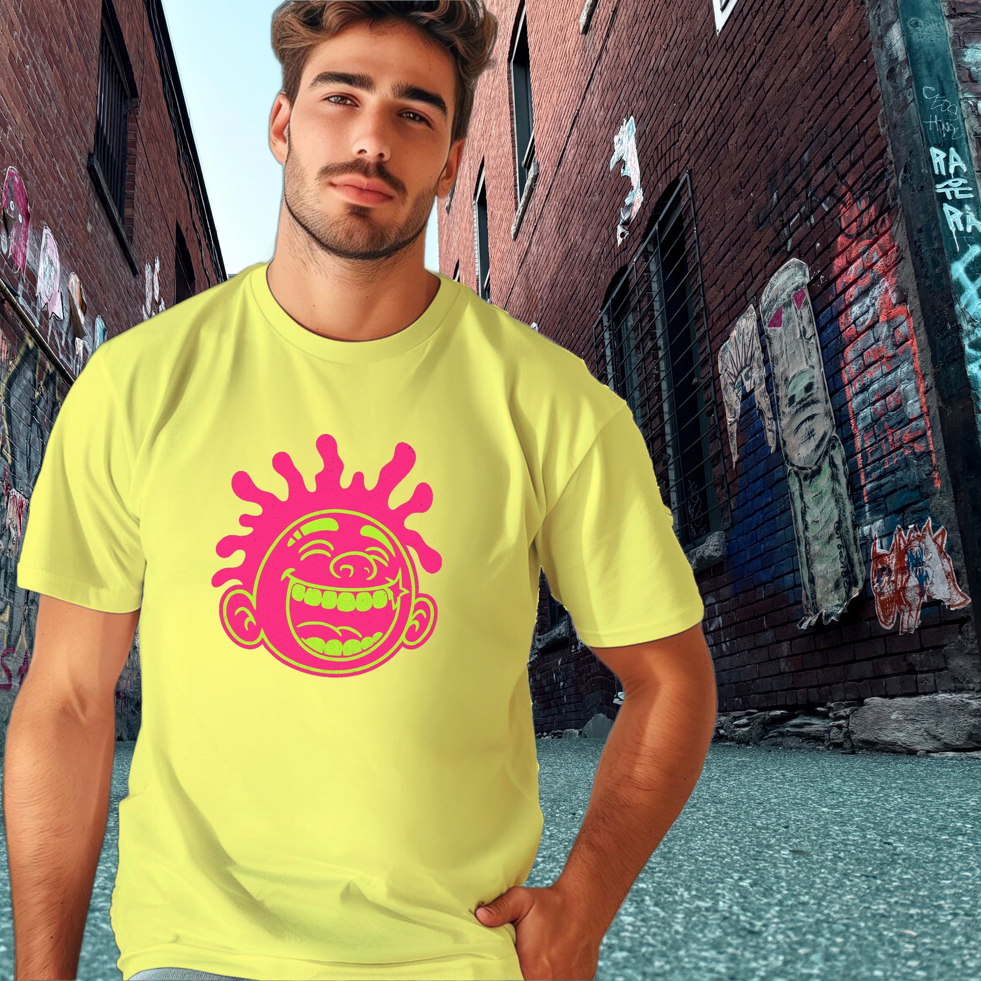 Vibrant Graphic Tee with Smiling Sun Design Shirt