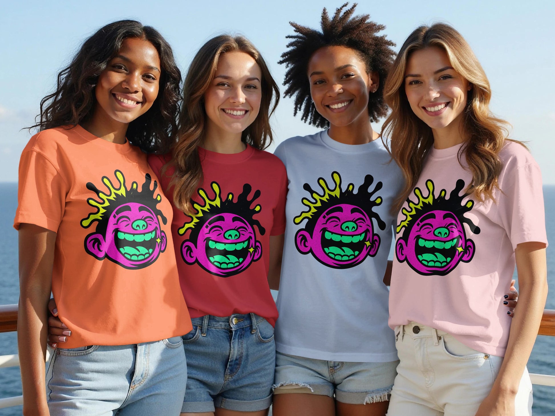 Vibrant expressive faces graphic casual t-shirt