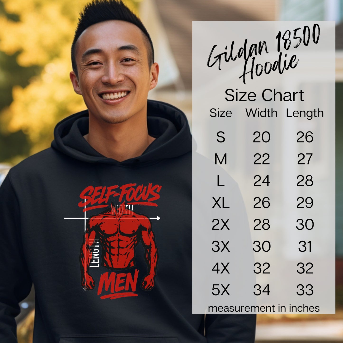 Self Focus Men Hoodie with Gildan Size Chart
