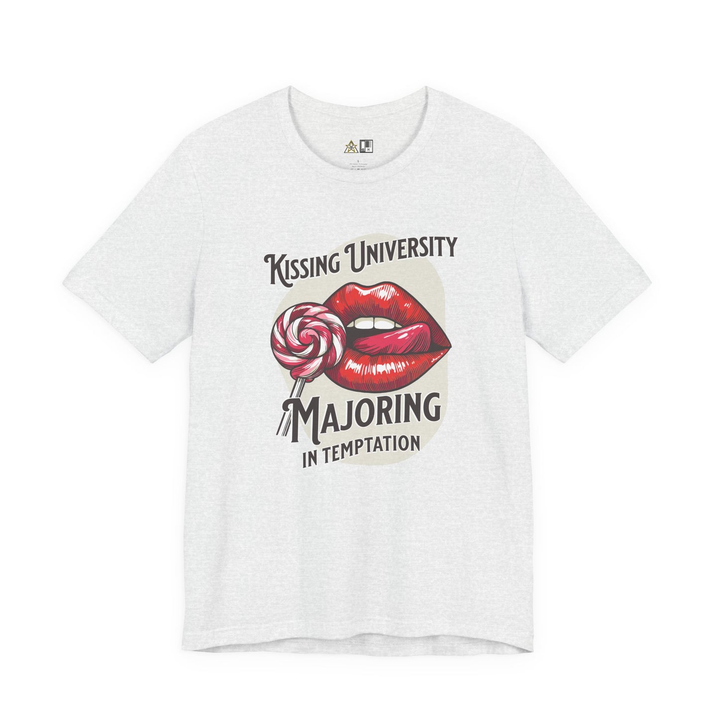 “KISSING UNIVERSITY MAJORING IN TEMPTATION.” Provocative Lips Graphic T-Shirt