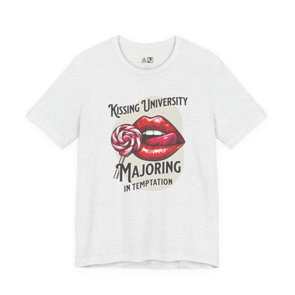 “KISSING UNIVERSITY MAJORING IN TEMPTATION.” Provocative Lips Graphic T-Shirt