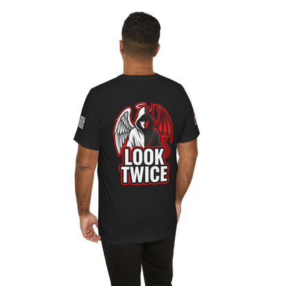 LOOK TWICE Angel & Devil Graphic T-Shirt | Duality Streetwear Tee | Good vs Evil Shirt | Unisex Graphic Tee