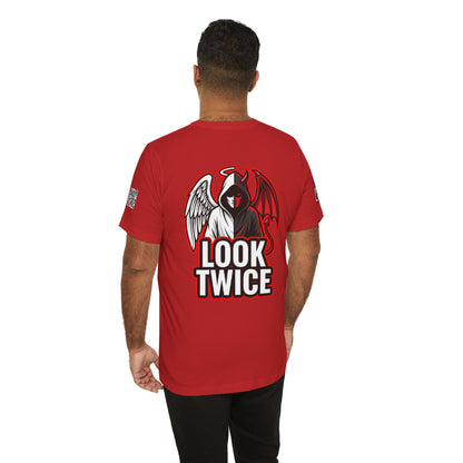 LOOK TWICE Angel & Devil Graphic T-Shirt | Duality Streetwear Tee | Good vs Evil Shirt | Unisex Graphic Tee