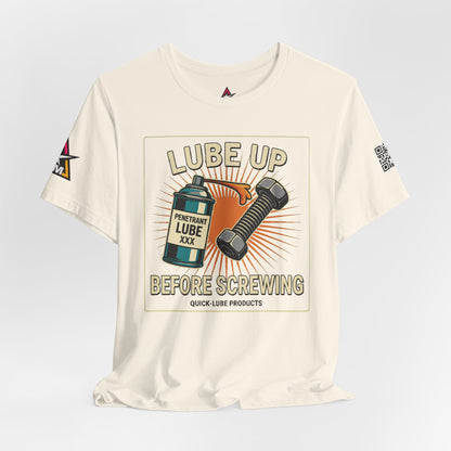 LUBE UP BEFORE SCREWING Graphic T-Shirt | Funny Mechanic Tee | Dirty Garage Humor Shirt | Vintage Automotive Tee