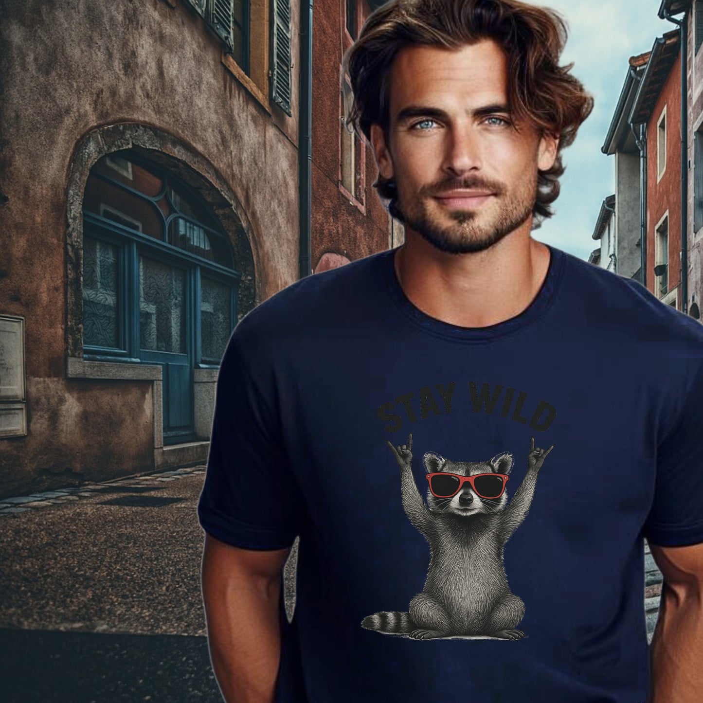 Stay Wild Raccoon Graphic Design T-shirt