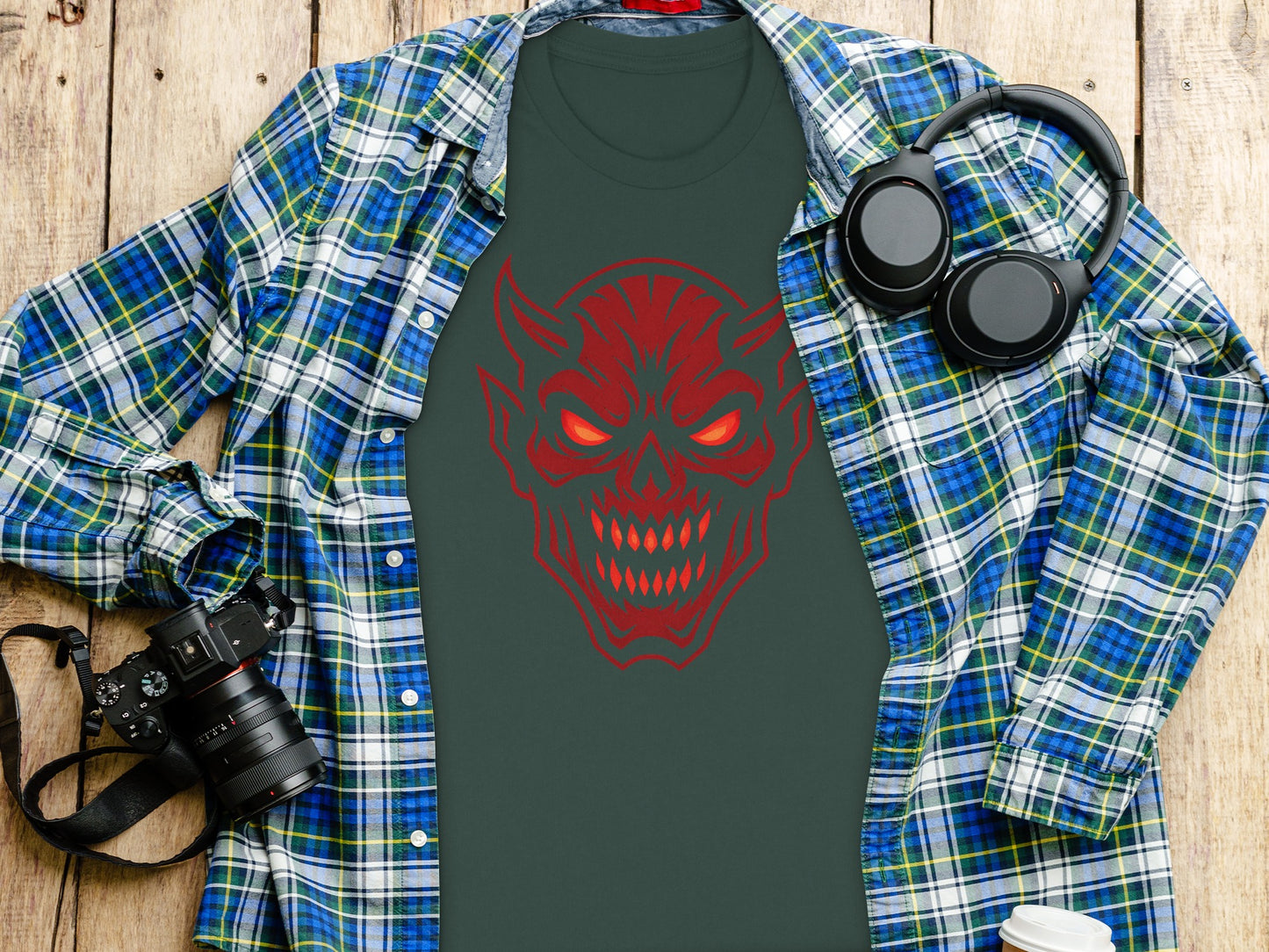 Dark Green T-shirt with Red Demonic Skull Design