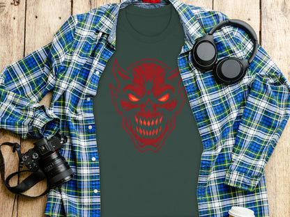 Dark Green T-shirt with Red Demonic Skull Design