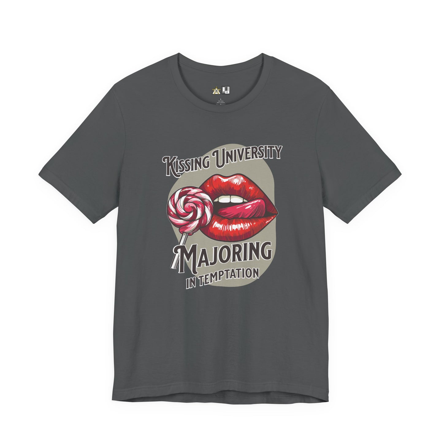 “KISSING UNIVERSITY MAJORING IN TEMPTATION.” Provocative Lips Graphic T-Shirt