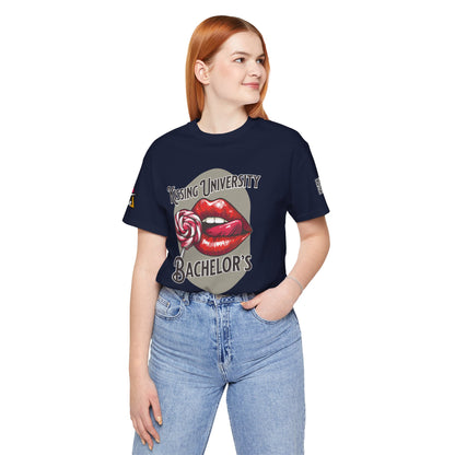 Kissing University Bachelor’s Graphic T-Shirt | Flirty Retro Tee | Funny Kissing Shirt