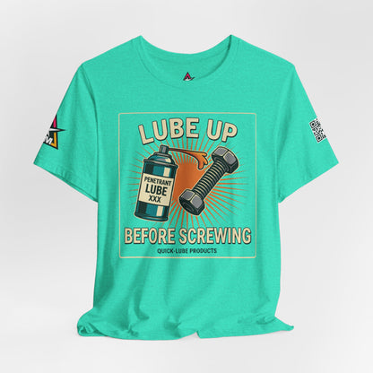 LUBE UP BEFORE SCREWING Graphic T-Shirt | Funny Mechanic Tee | Dirty Garage Humor Shirt | Vintage Automotive Tee