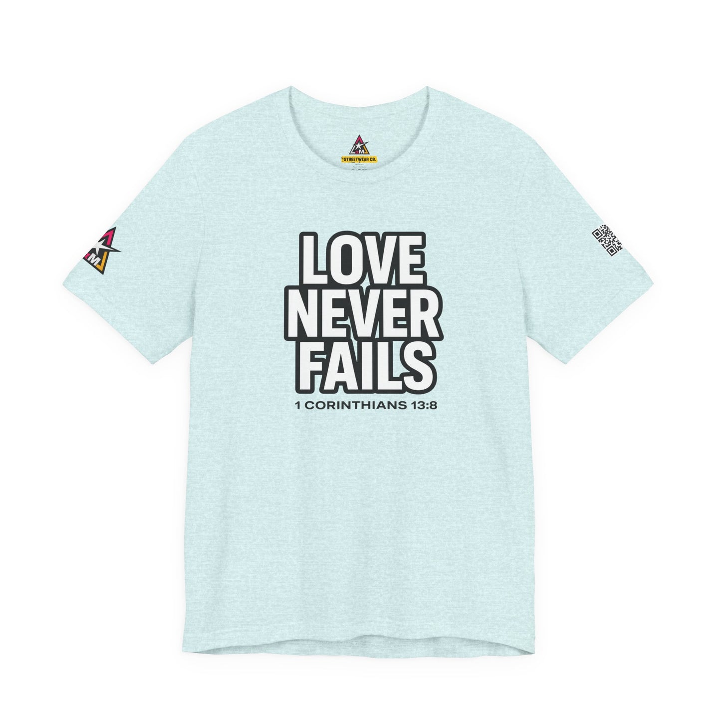Love Never Fails Graphic T-Shirt | 1 Corinthians 13:8 Christian Tee | Faith & Love Streetwear