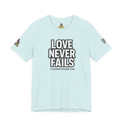 Love Never Fails Graphic T-Shirt | 1 Corinthians 13:8 Christian Tee | Faith & Love Streetwear