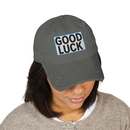 GOOD LUCK Embroidered Vintage Dad Hat | Distressed Baseball Cap | Washed Cotton Adjustable Cap