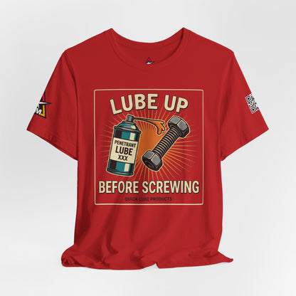 LUBE UP BEFORE SCREWING Graphic T-Shirt | Funny Mechanic Tee | Dirty Garage Humor Shirt | Vintage Automotive Tee