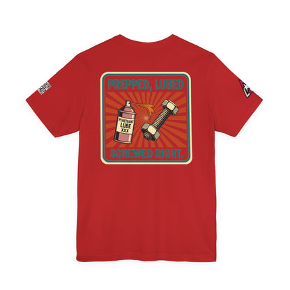 PREPPED, LUBED, SCREWED RIGHT Graphic T-Shirt | Mechanic Humor Tee | Funny Garage Shirt | Vintage Streetwear Tee