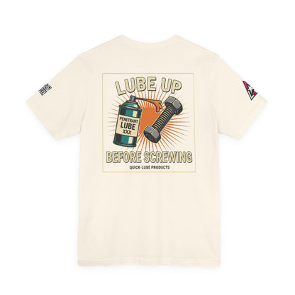 LUBE UP BEFORE SCREWING Graphic T-Shirt | Funny Mechanic Tee | Dirty Garage Humor Shirt | Vintage Automotive Tee