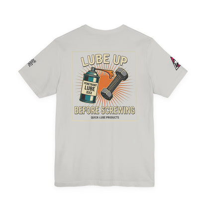 LUBE UP BEFORE SCREWING Graphic T-Shirt | Funny Mechanic Tee | Dirty Garage Humor Shirt | Vintage Automotive Tee