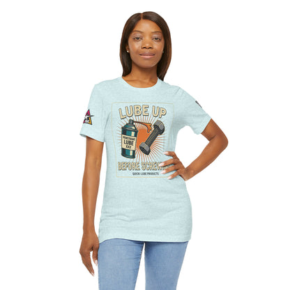 LUBE UP BEFORE SCREWING Graphic T-Shirt | Funny Mechanic Tee | Dirty Garage Humor Shirt | Vintage Automotive Tee