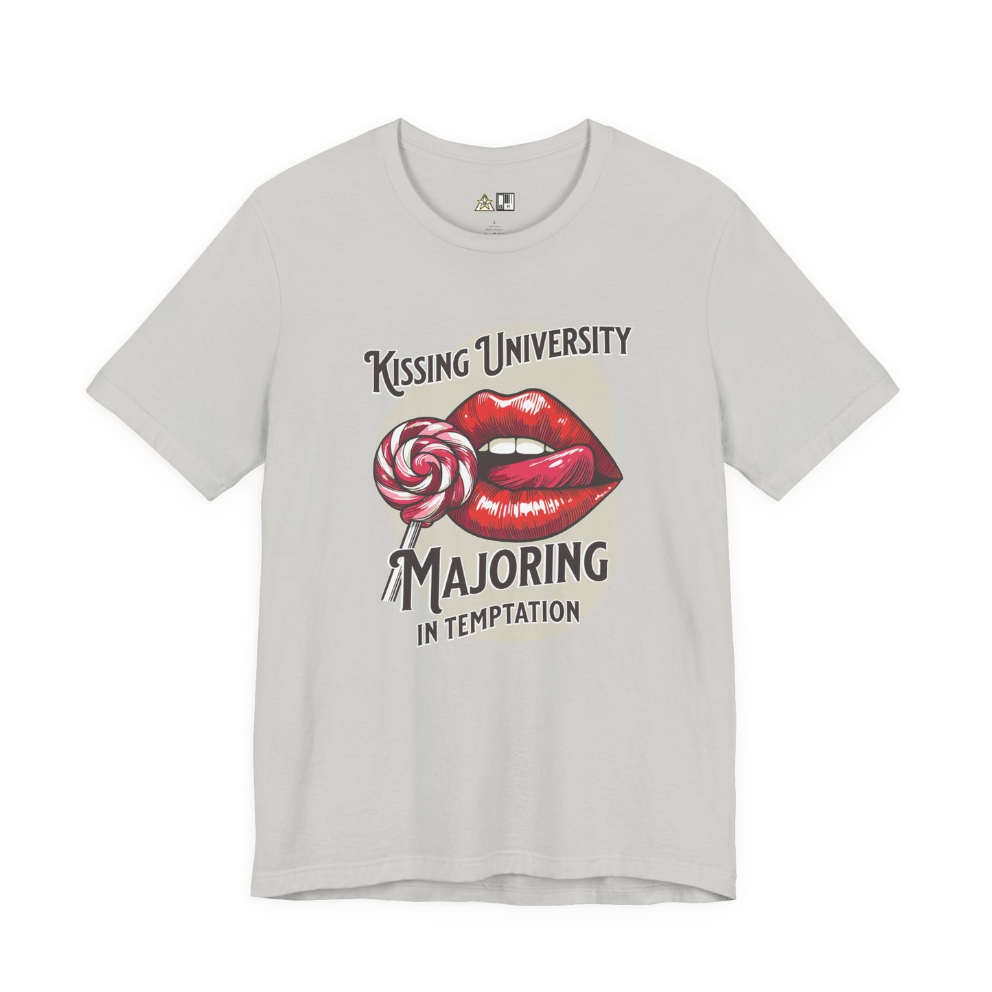 “KISSING UNIVERSITY MAJORING IN TEMPTATION.” Provocative Lips Graphic T-Shirt