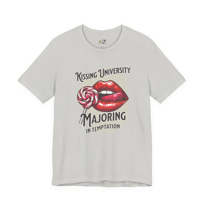 “KISSING UNIVERSITY MAJORING IN TEMPTATION.” Provocative Lips Graphic T-Shirt