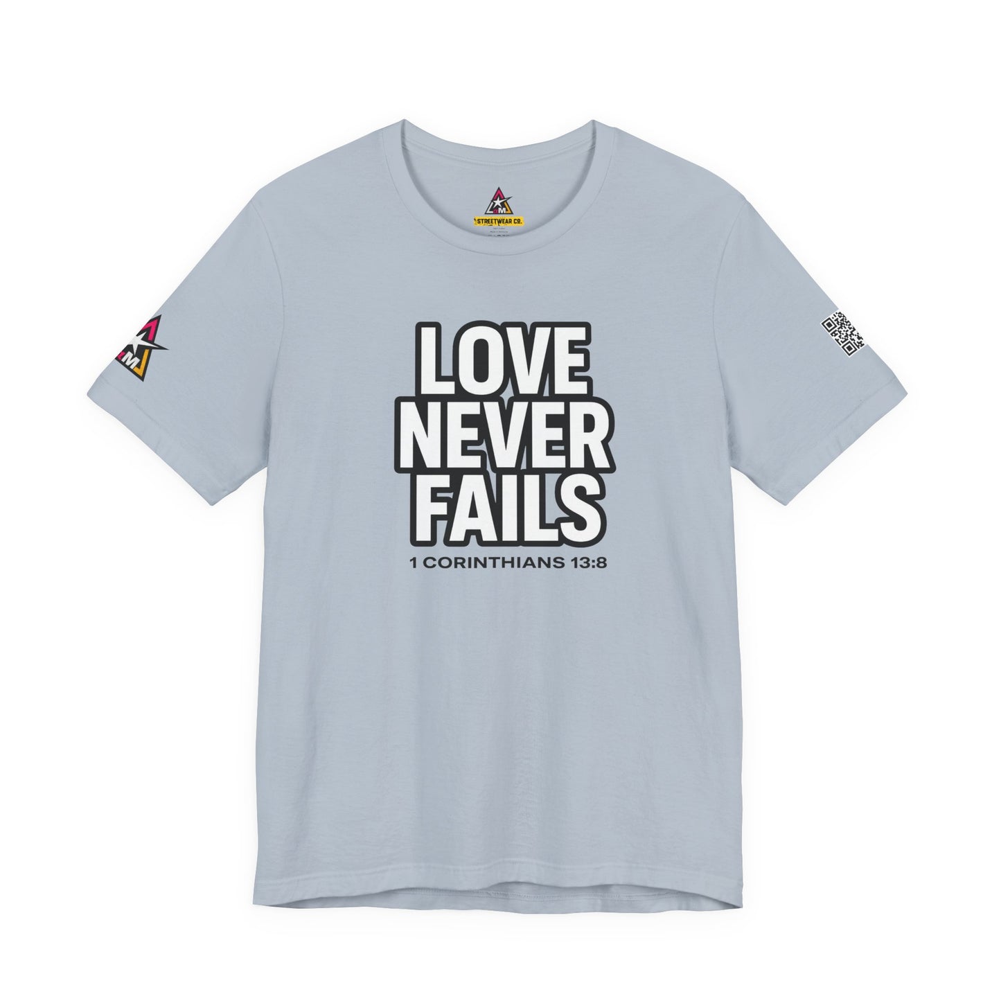 Love Never Fails Graphic T-Shirt | 1 Corinthians 13:8 Christian Tee | Faith & Love Streetwear