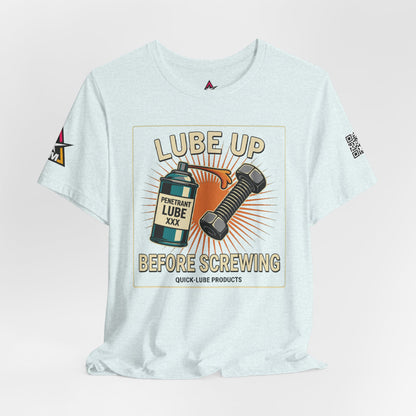 LUBE UP BEFORE SCREWING Graphic T-Shirt | Funny Mechanic Tee | Dirty Garage Humor Shirt | Vintage Automotive Tee