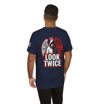 LOOK TWICE Angel & Devil Graphic T-Shirt | Duality Streetwear Tee | Good vs Evil Shirt | Unisex Graphic Tee
