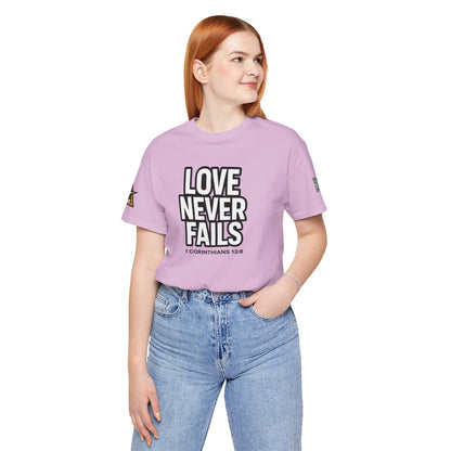 Love Never Fails Graphic T-Shirt | 1 Corinthians 13:8 Christian Tee | Faith & Love Streetwear