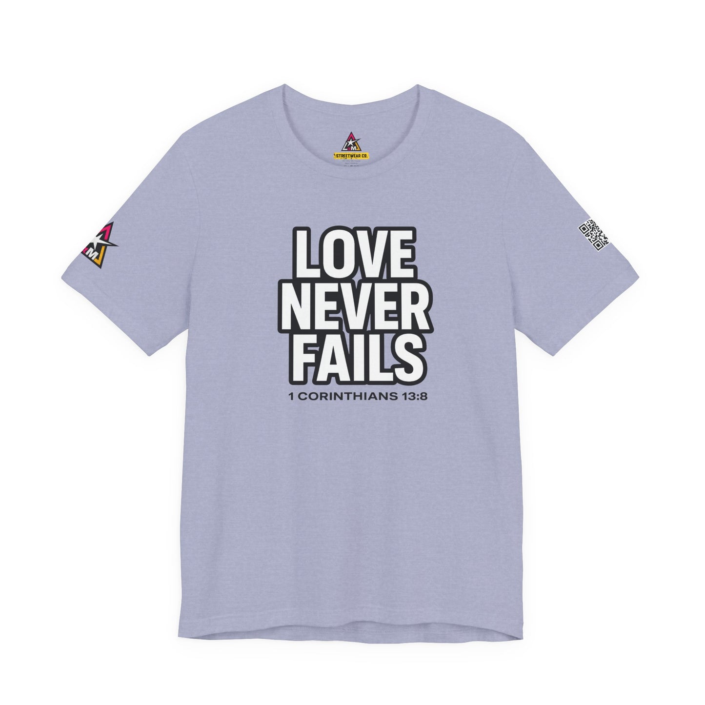 Love Never Fails Graphic T-Shirt | 1 Corinthians 13:8 Christian Tee | Faith & Love Streetwear