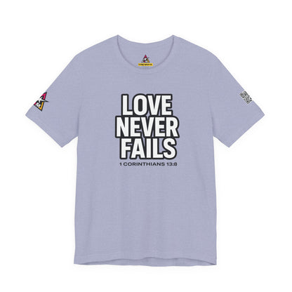 Love Never Fails Graphic T-Shirt | 1 Corinthians 13:8 Christian Tee | Faith & Love Streetwear