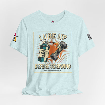 LUBE UP BEFORE SCREWING Graphic T-Shirt | Funny Mechanic Tee | Dirty Garage Humor Shirt | Vintage Automotive Tee
