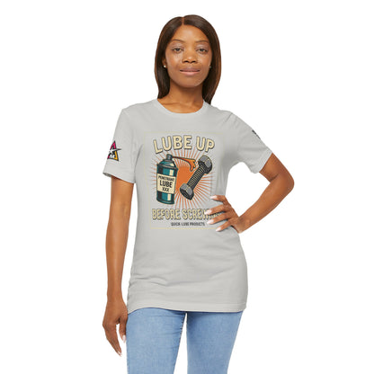 LUBE UP BEFORE SCREWING Graphic T-Shirt | Funny Mechanic Tee | Dirty Garage Humor Shirt | Vintage Automotive Tee