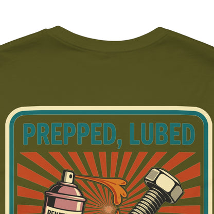 PREPPED, LUBED, SCREWED RIGHT Graphic T-Shirt | Mechanic Humor Tee | Funny Garage Shirt | Vintage Streetwear Tee