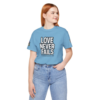 Love Never Fails Graphic T-Shirt | 1 Corinthians 13:8 Christian Tee | Faith & Love Streetwear