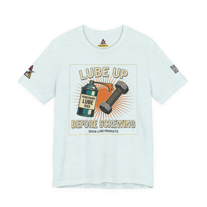 LUBE UP BEFORE SCREWING Graphic T-Shirt | Funny Mechanic Tee | Dirty Garage Humor Shirt | Vintage Automotive Tee