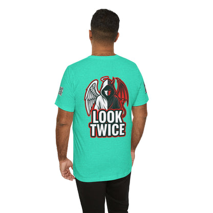 LOOK TWICE Angel & Devil Graphic T-Shirt | Duality Streetwear Tee | Good vs Evil Shirt | Unisex Graphic Tee