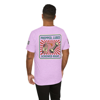PREPPED, LUBED, SCREWED RIGHT Graphic T-Shirt | Mechanic Humor Tee | Funny Garage Shirt | Vintage Streetwear Tee